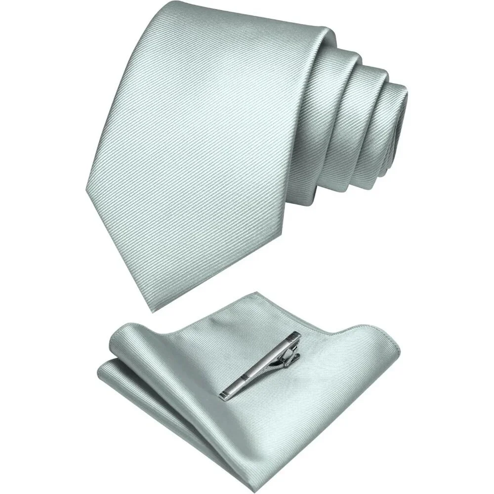 Men's Silver 2 Colour Formal Necktie and Pocket Square Tie Clip Sets
